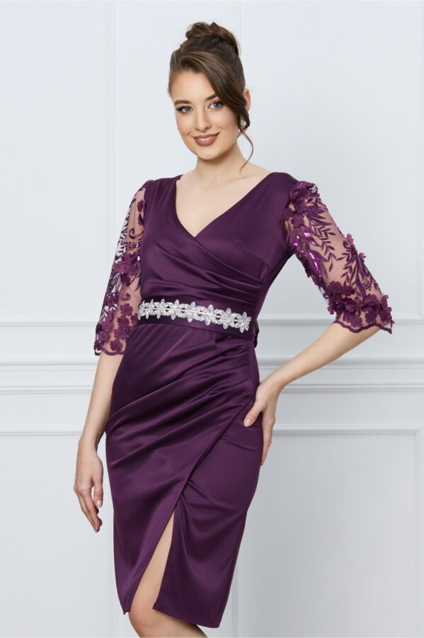 Rochie Ella Collection Atena mov cu maneci din datela si cordon in talie