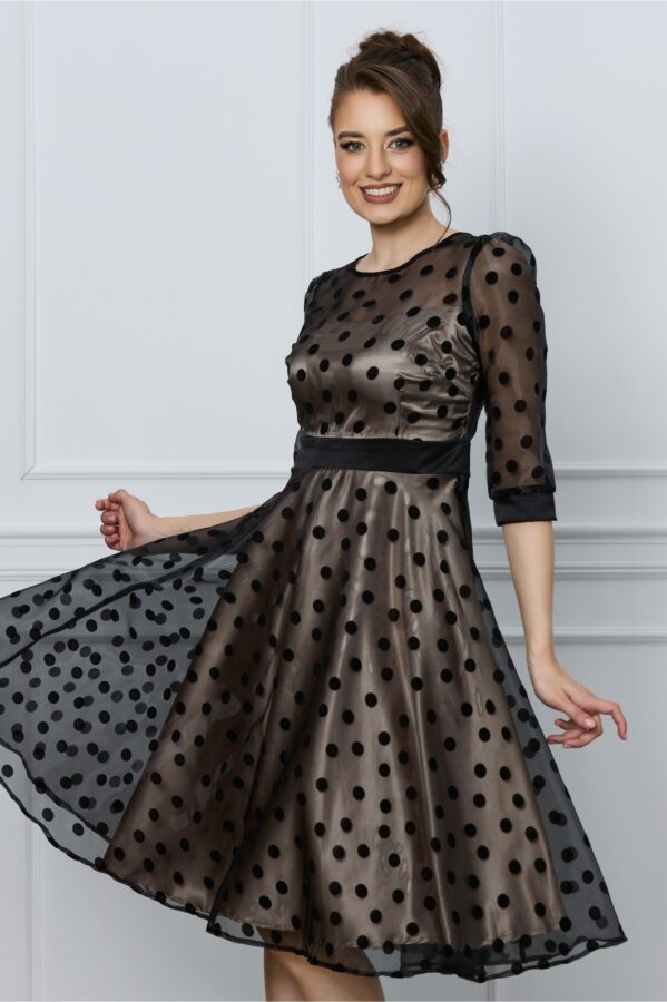 Rochie Ella Collection Samira neagra din organza cu buline si dublura bej