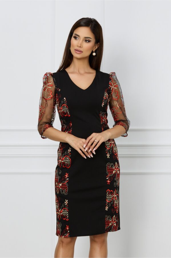 Rochie Ella Collection Sofia neagra cu broderie rosie