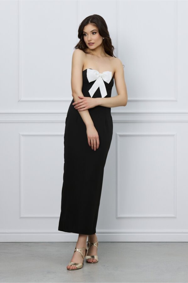 Rochie Erika midi neagra cu funda alba la bust