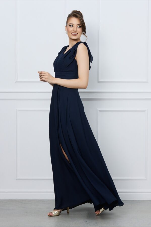 Rochie Irene bleumarin lunga cu volane pe umeri