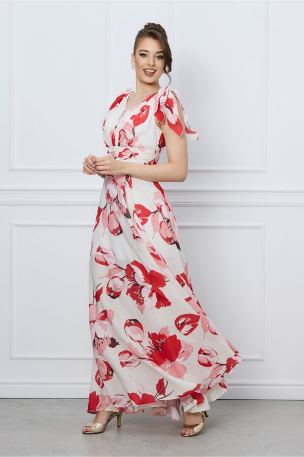 Rochie Irene ivory lunga cu flori rosii si volane pe umeri