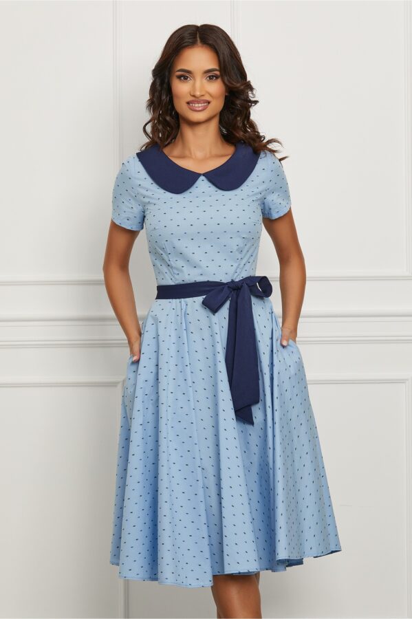 Rochie Iuliana bleu cu guler rotund si cordon in talie