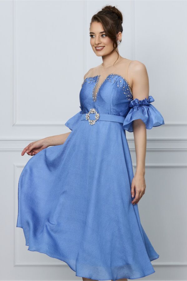 Rochie Izabela albastra cu strasuri la bust si curea in talie