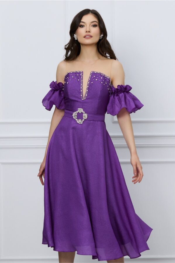 Rochie Izabela mov cu strasuri la bust si curea in talie