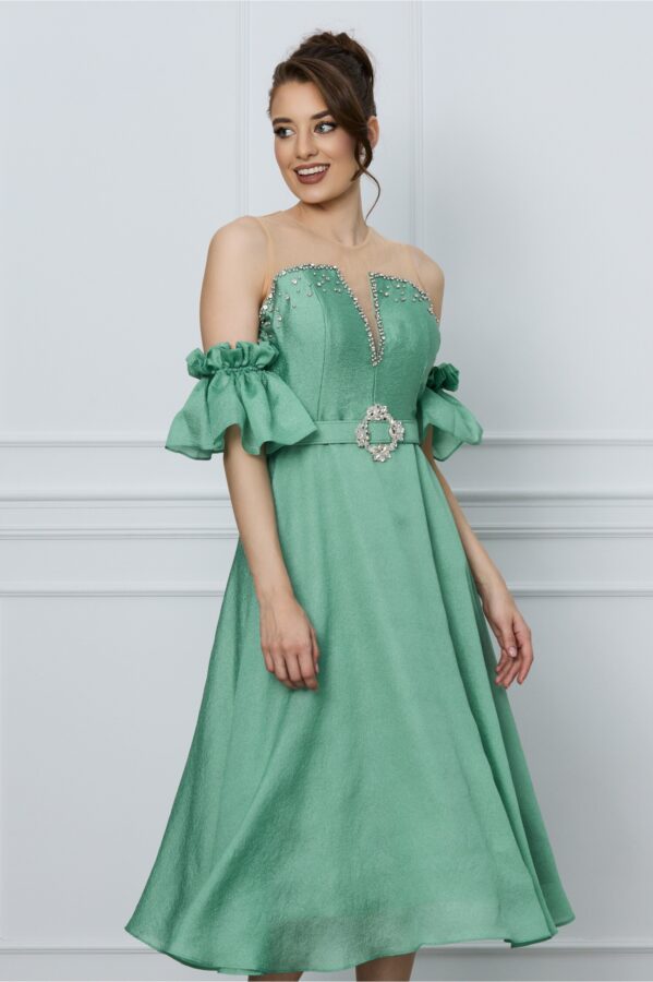 Rochie Izabela verde cu strasuri la bust si curea in talie