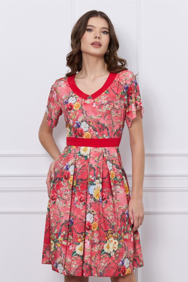 Rochie Kara rosie cu imprimeu floral galben