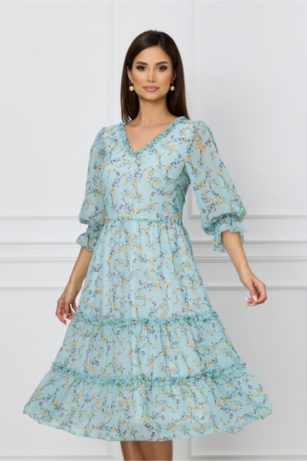 Rochie Mara bleu cu imprimeu floral si volanase