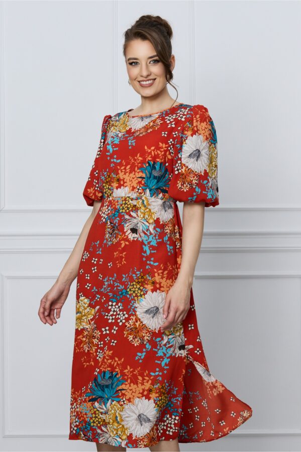 Rochie Mara caramizie cu imprimeuri florale