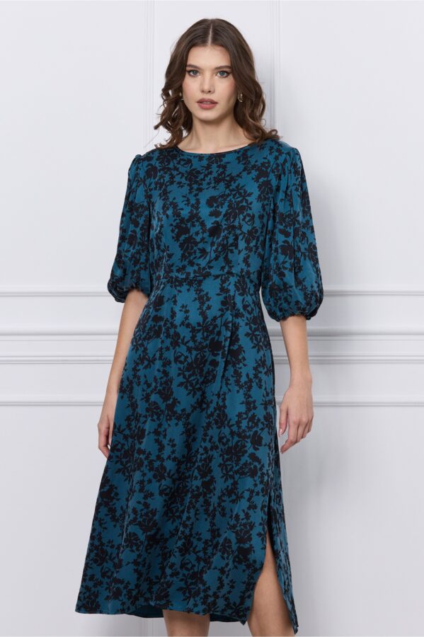 Rochie Mara verde petrol cu imprimeuri florale negre