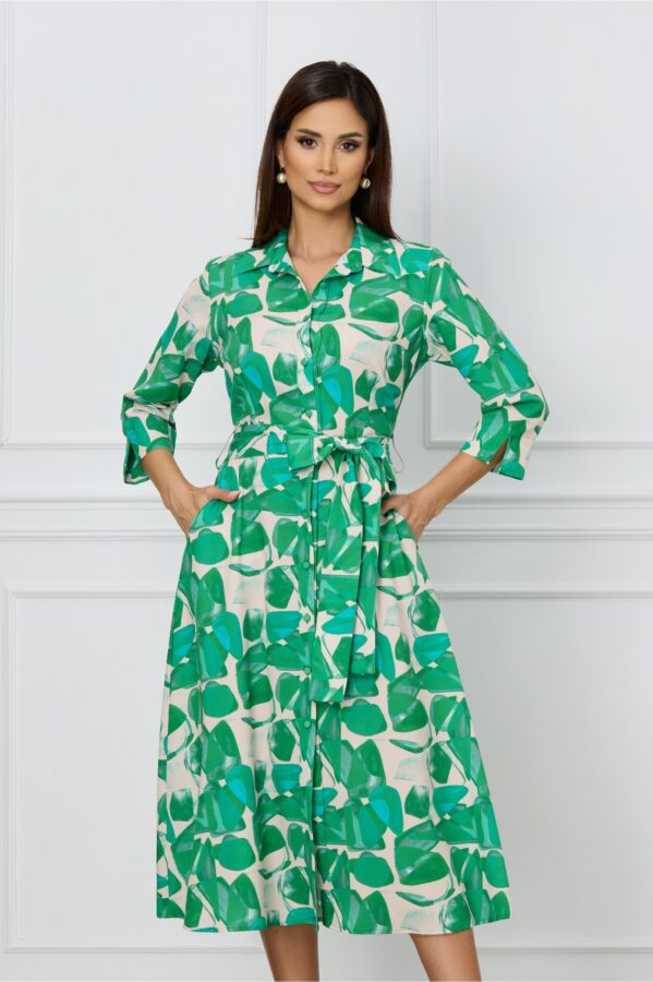 Rochie Maria tip camasa bej cu imprimeu verde si cordon in talie
