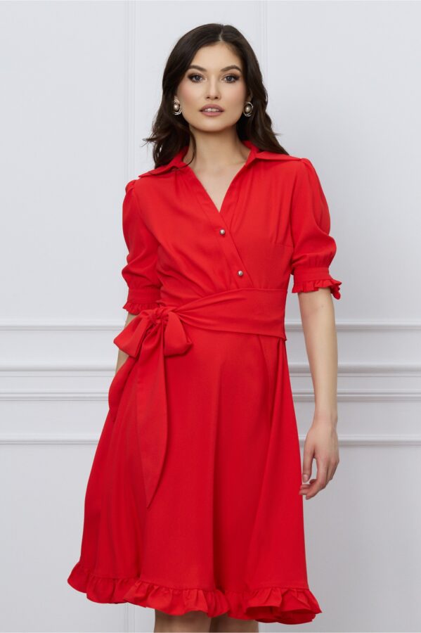 Rochie MBG corai cu nasturi la bust si cordon in talie