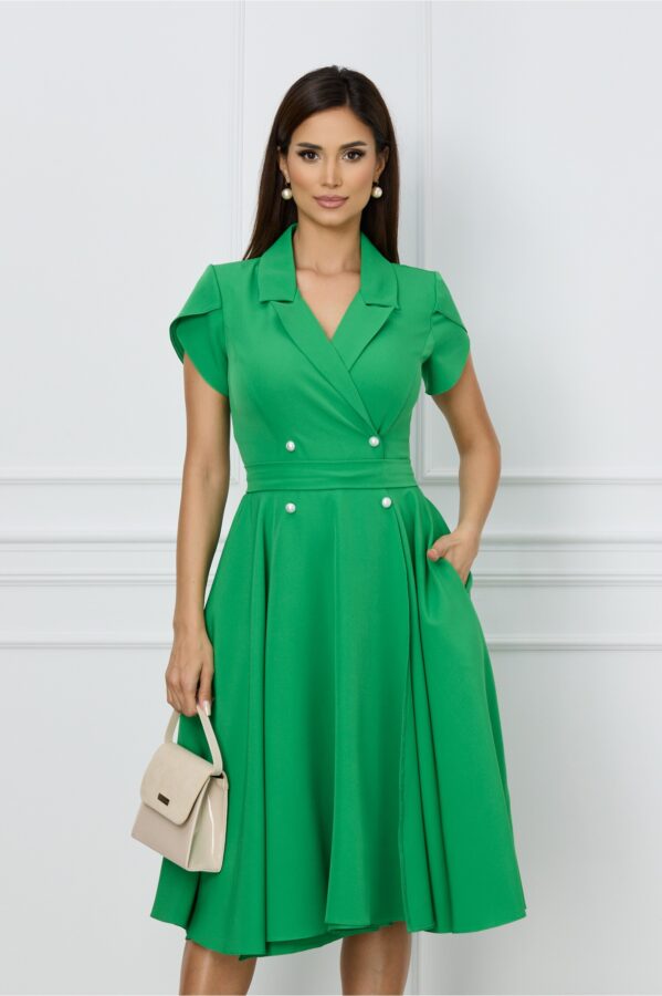 Rochie MBG verde cu nasturi si cordon decorativ in talie