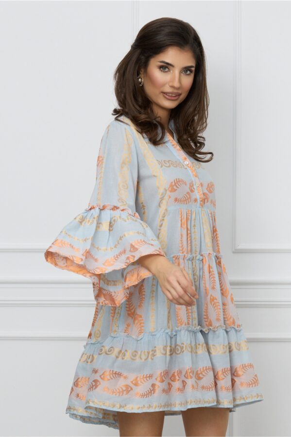 Rochie Mira bleu cu imprimeu caramiziu