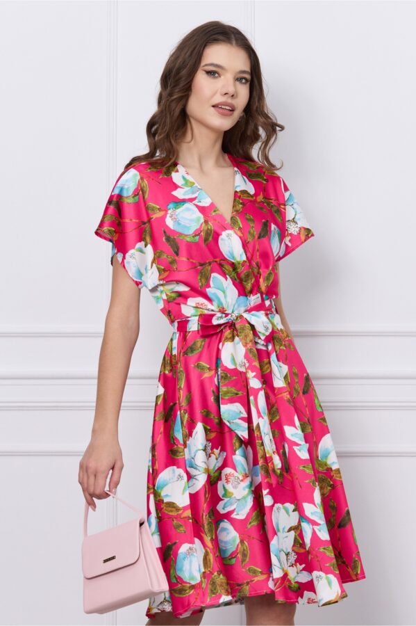 Rochie Mira fucsia cu imprimeuri florale si cordon in talie