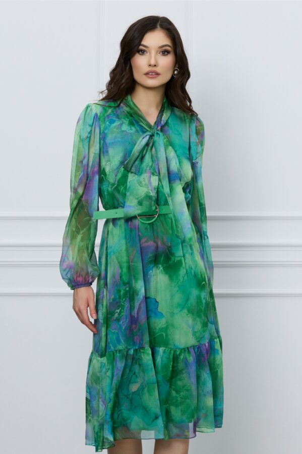Rochie Miruna verde cu imprimeuri mov si curea in talie