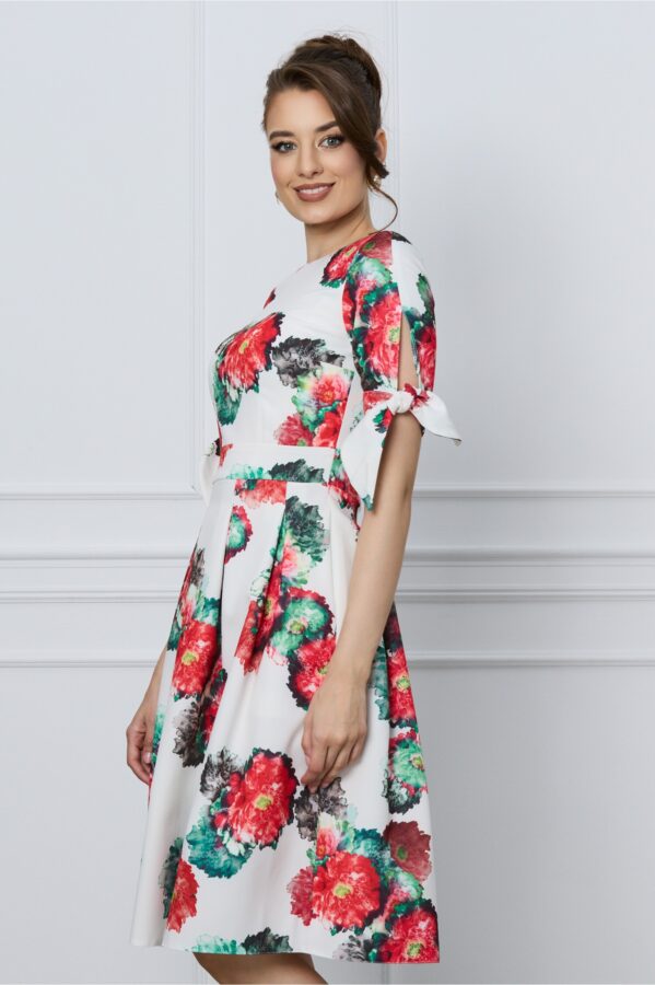 Rochie Moze alba cu imprimeuri florale rosii