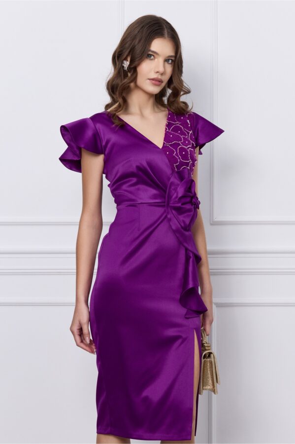 Rochie Moze mov cu floare maxi si volan