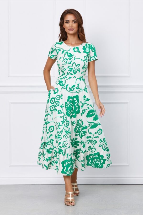 Rochie Oana alba cu imprimeu floral verde
