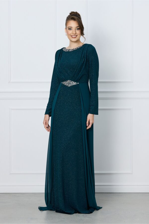 Rochie Oly verde lunga din lurex cu accesoriu tip colier