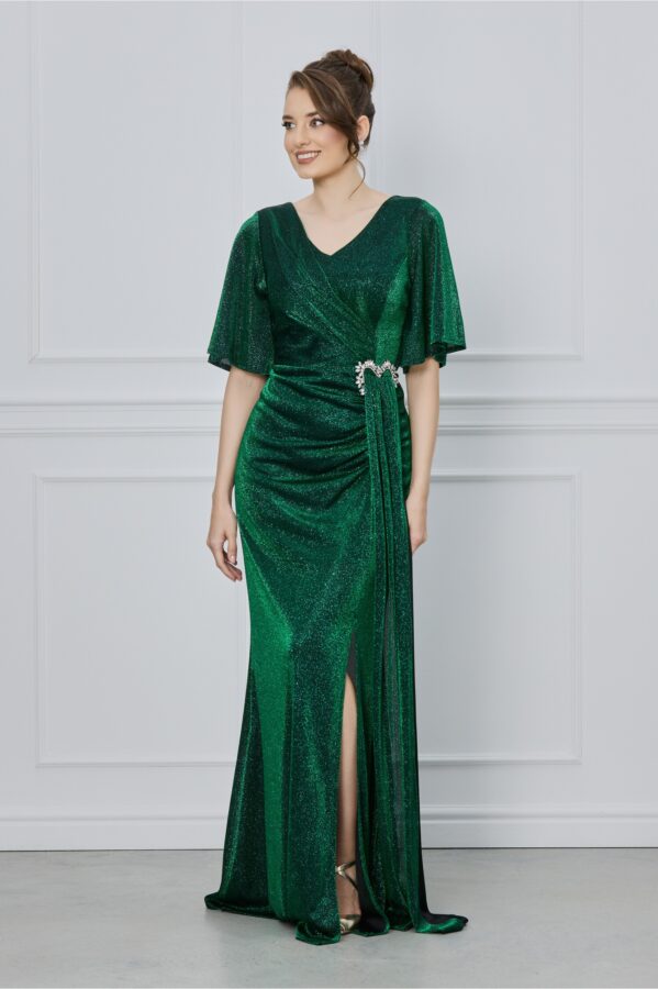 Rochie Roxi lunga din lurex verde cu accesoriu in talie