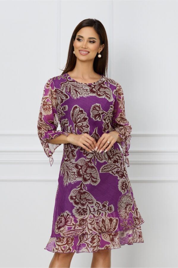 Rochie Sabrina mov cu imprimeu maro si volanas la baza