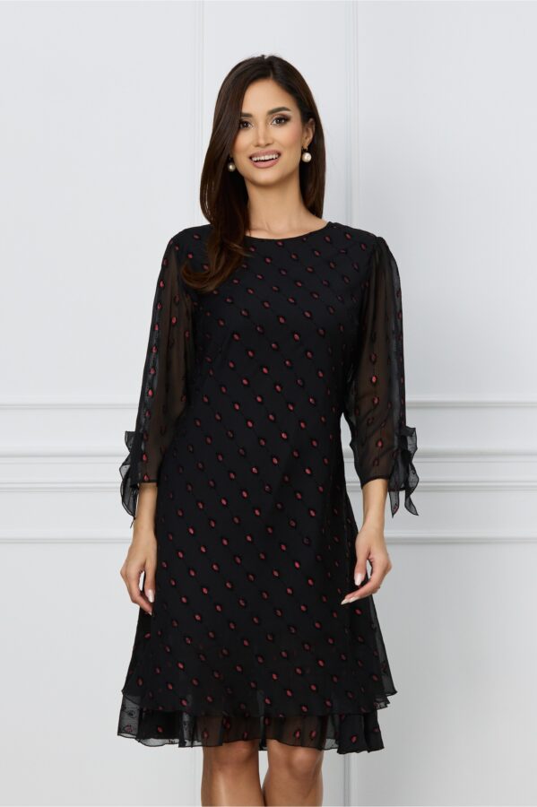 Rochie Sabrina neagra cu buline bordo metalizat si volanas la baza