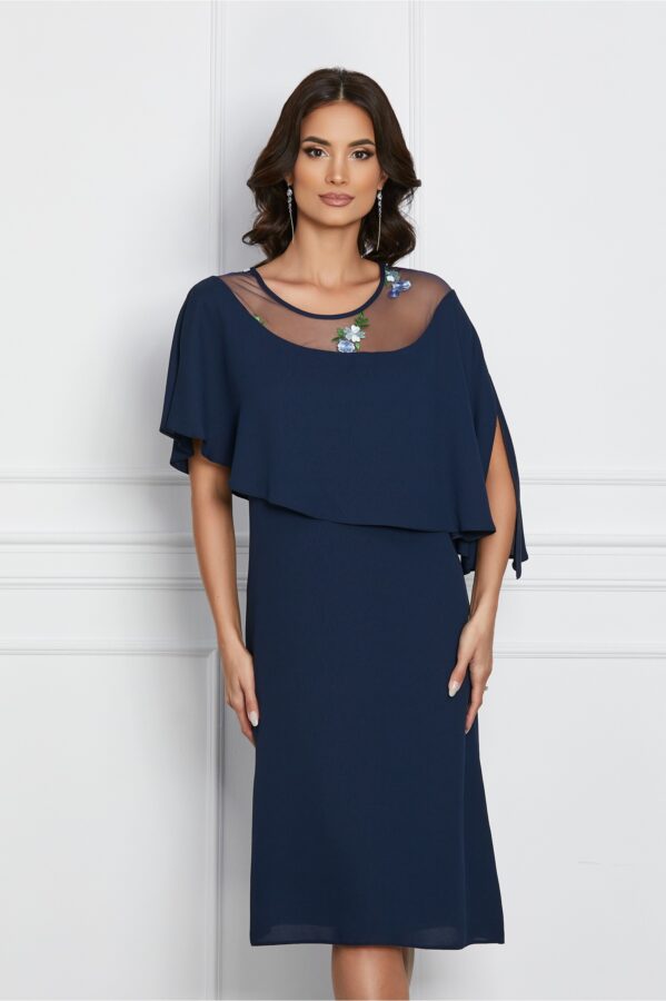 Rochie Sara bleumarin cu volan si broderie pe bust