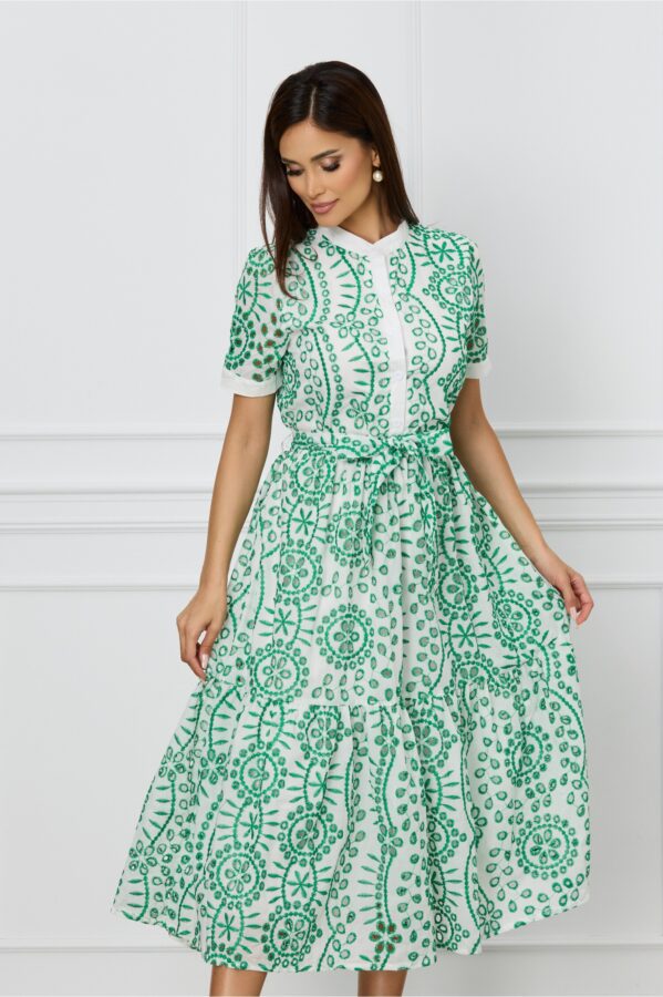Rochie Simiona alba cu broderie englezeasca verde si cordon in talie