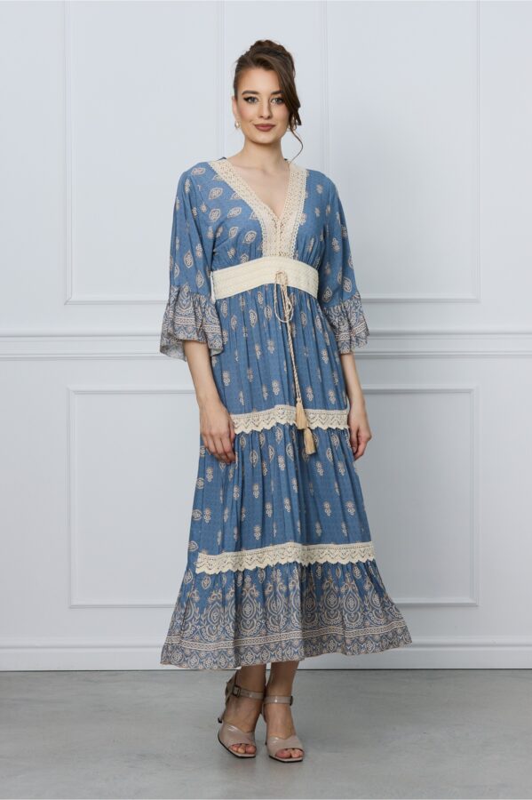 Rochie Sonia albastra cu imprimeuri si broderie bej