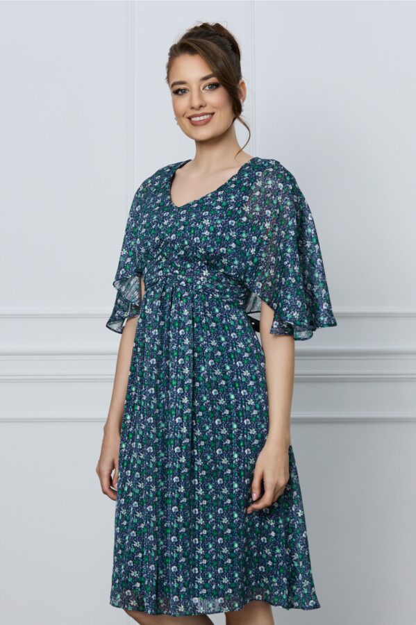 Rochie Sophie bleumarin cu imprimeu floral verde