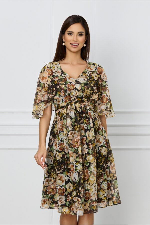 Rochie Sophie neagra cu imprimeu floral maro si verde