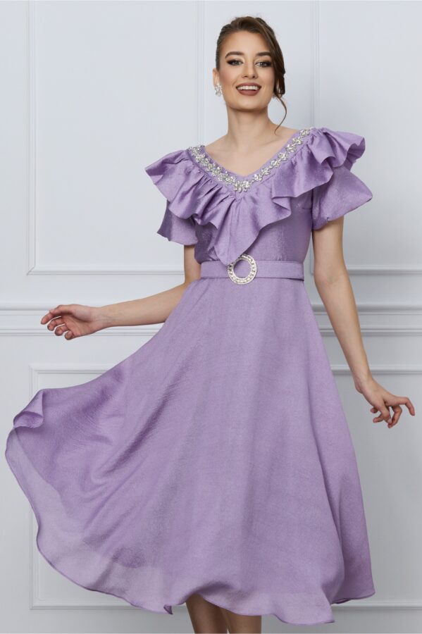 Rochie Suzzie lila cu strasuri si curea in talie