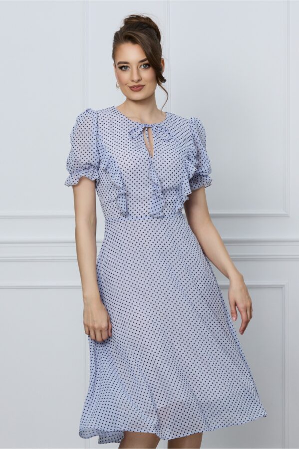 Rochie Tania bleu cu buline negre si volane pe bust