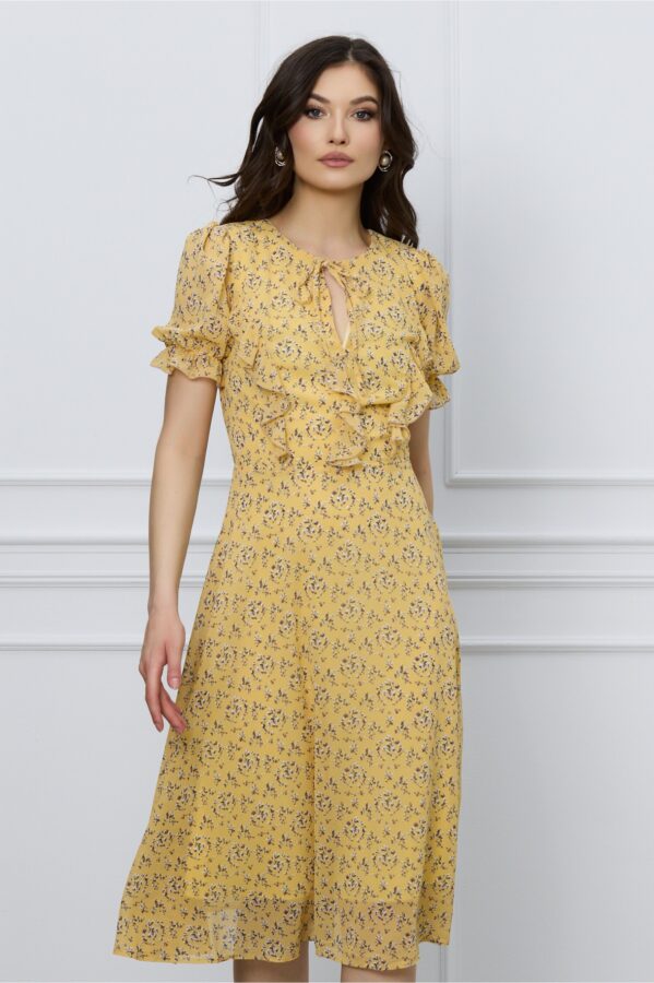 Rochie Tania galbena cu flori maro si volane pe bust