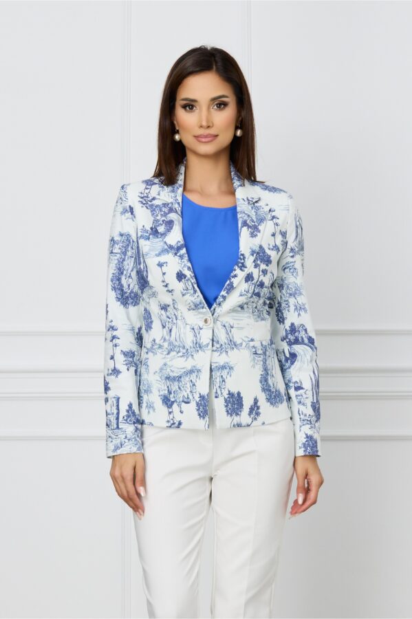 Sacou Claudia alb cu imprimeuri albastre
