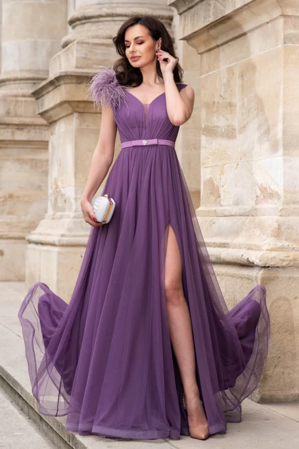 Rochie de seara lunga mov Electra vaporoasa cu fulgi pe umar