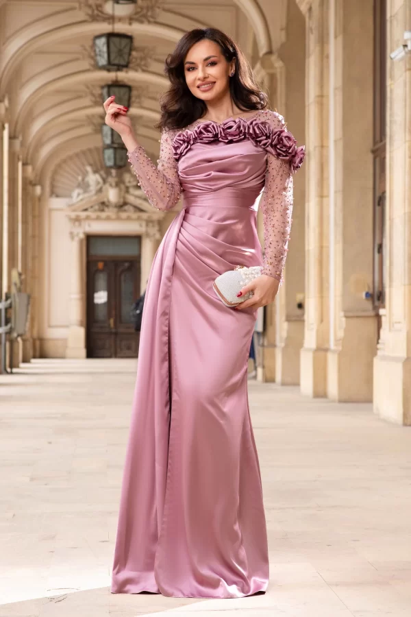 Rochie de seara rose din tafta Calliope cu flori de bujor 3D