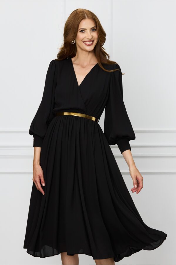 Rochie Dy Fashion neagra din voal cu bust petrecut si curea in talie