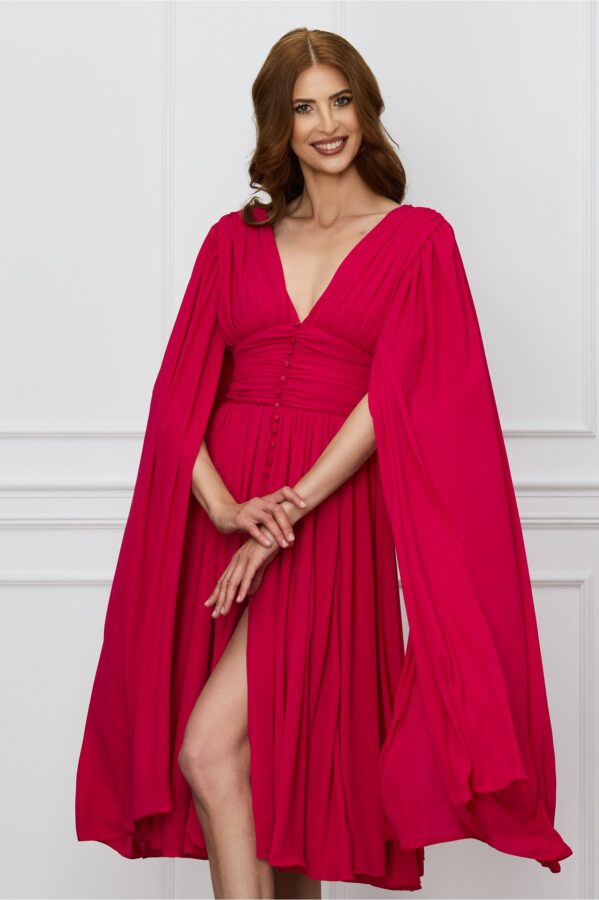 Rochie Dy Fashion roz zmeura cu nasturi si maneci ample din voal