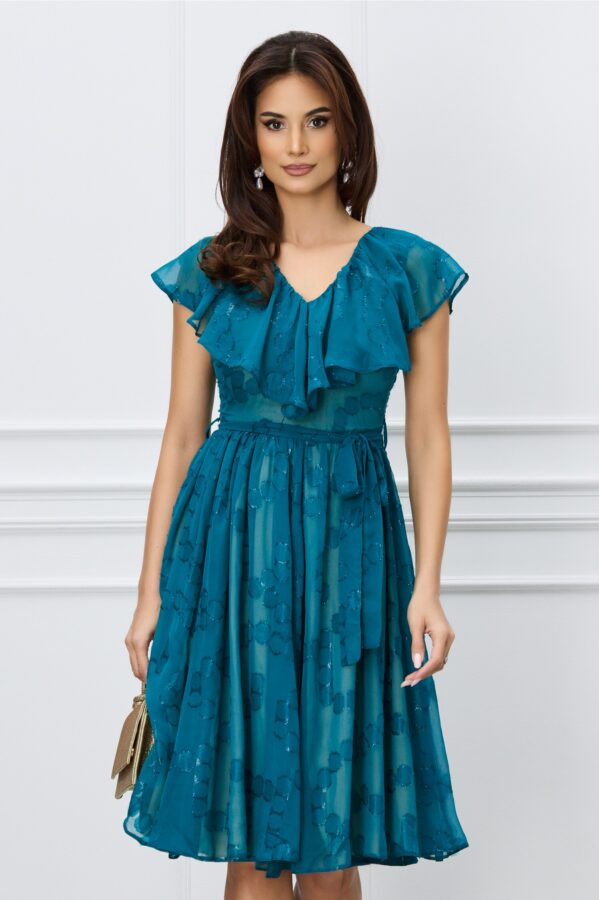 Rochie DY Fashion turcoaz din voal cu buline si cordon in talie