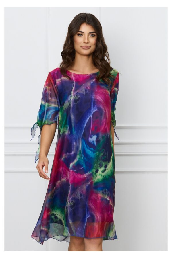 Rochie Elina din voal cu imprimeu fucsia si indigo