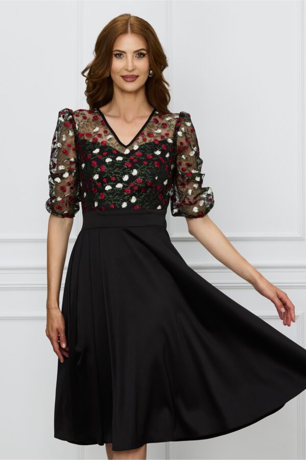 Rochie Ella Collection Maya neagra cu broderie florala pe bust