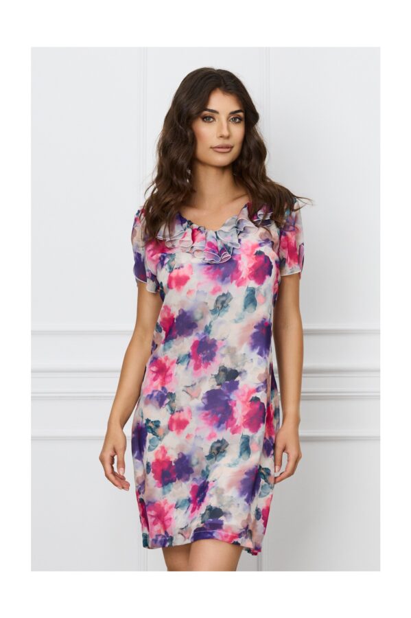 Rochie Misha gri cu imprimeuri florale mov si fucsia