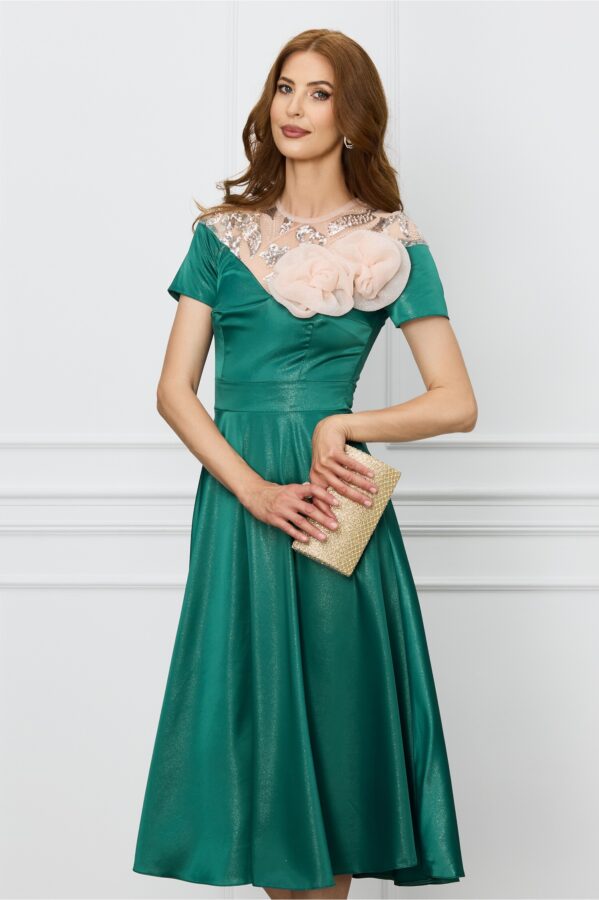 Rochie Moze turcoaz sidef cu flori bej la bust