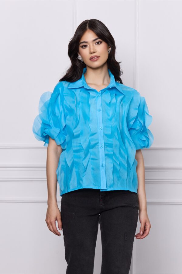 Camasa Alexandra albastra cu volane din organza