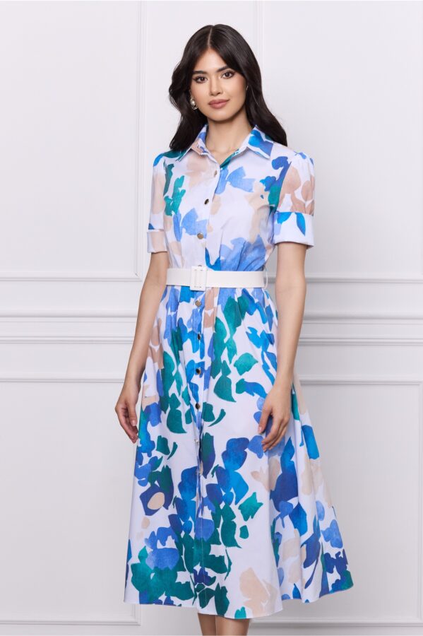 Rochie DY Fashion alba cu imprimeu albastru si curea in talie