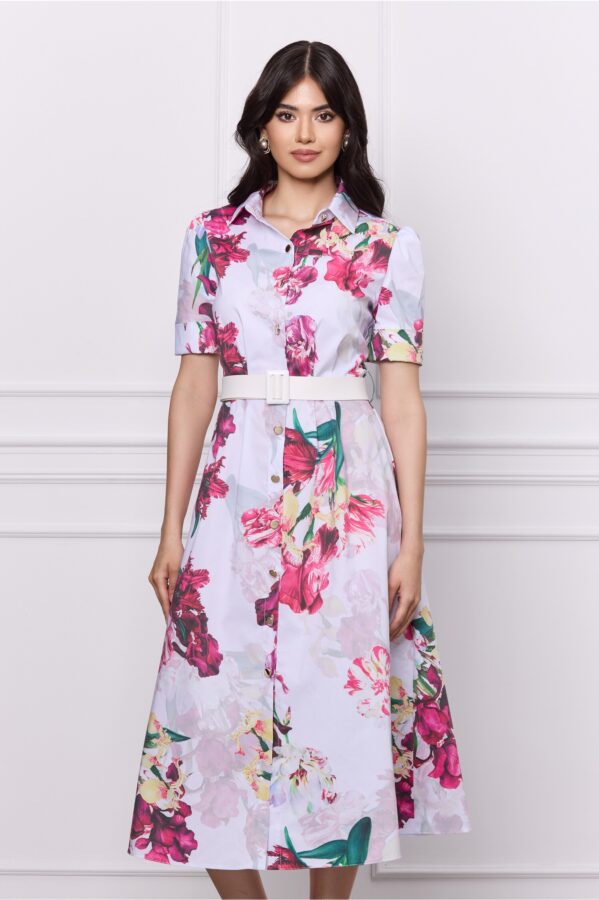 Rochie DY Fashion alba cu imprimeu floral fucsia si curea in talie