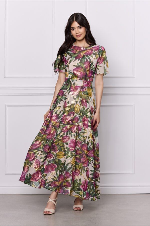 Rochie DY Fashion bej cu imprimeuri florale mov si fir lurex