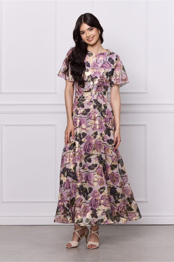 Rochie DY Fashion bej cu imprimeuri florale roz si fir lurex